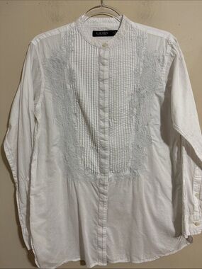Lauren Ralph Lauren Floral Embroidered Tuxedo Shirt White Women Size M Timeless